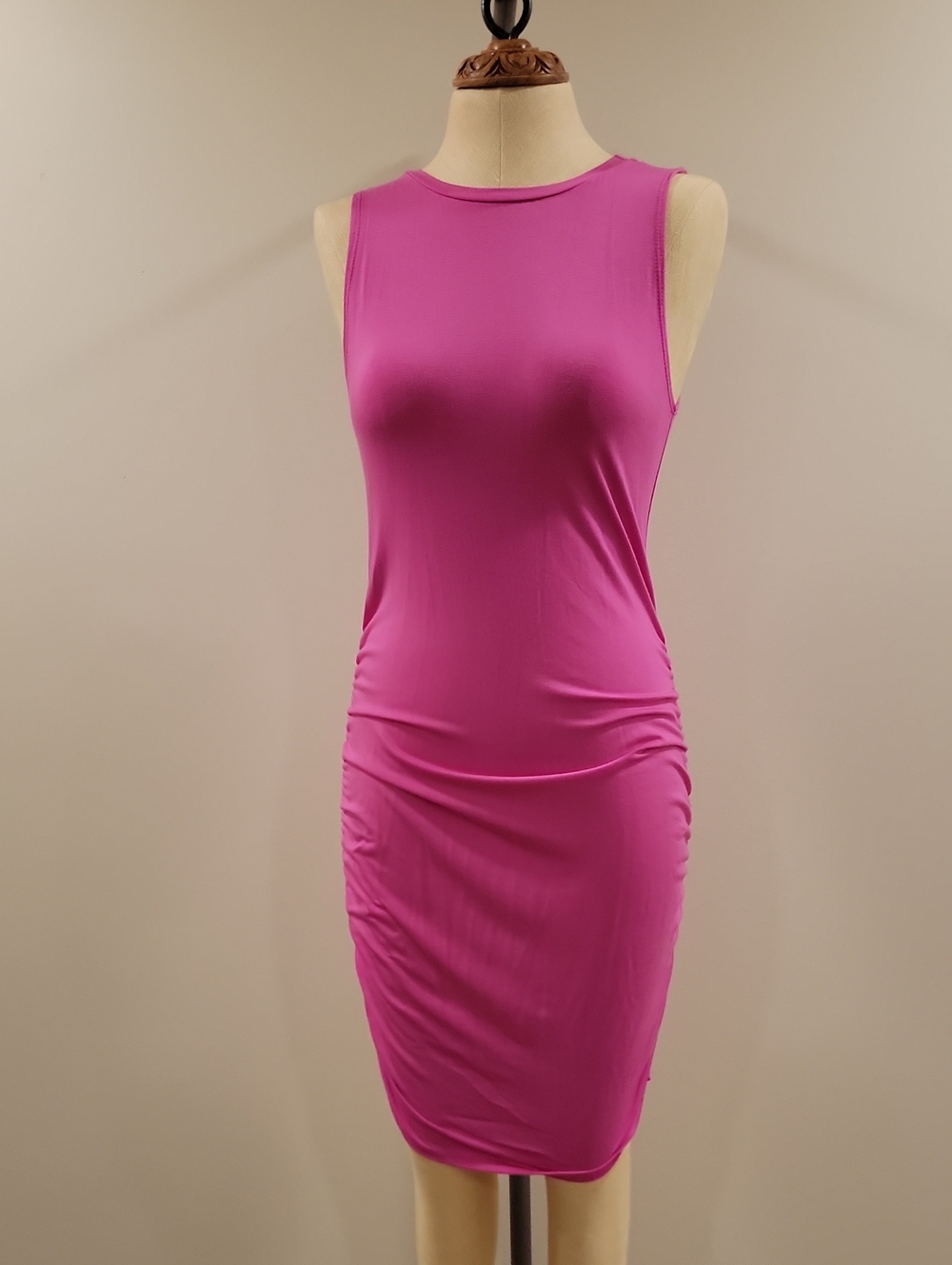 Antistar Sleeveless Ruched Midi Dress in Fuchsia